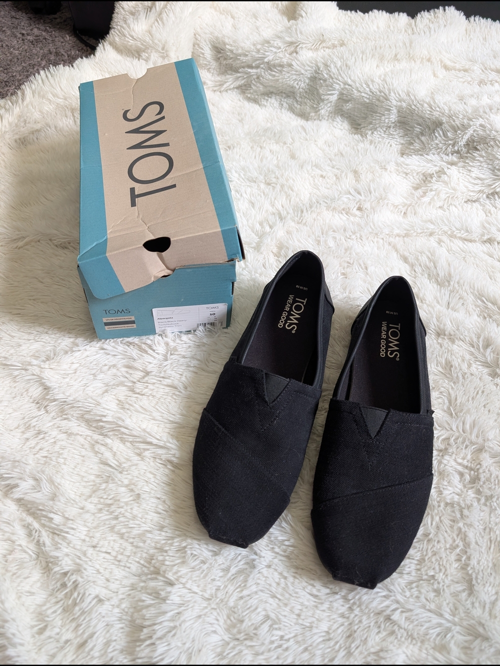 TOMS Men's Black Canvas Alpargata Slip On Shoes Brand New In Box Size 10